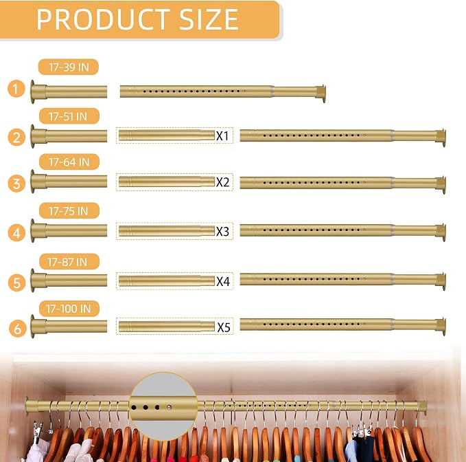 1.3 Inch Diameter Closet Rods for Hanging Clothes 17-100 Inch Adjustable - Image 6
