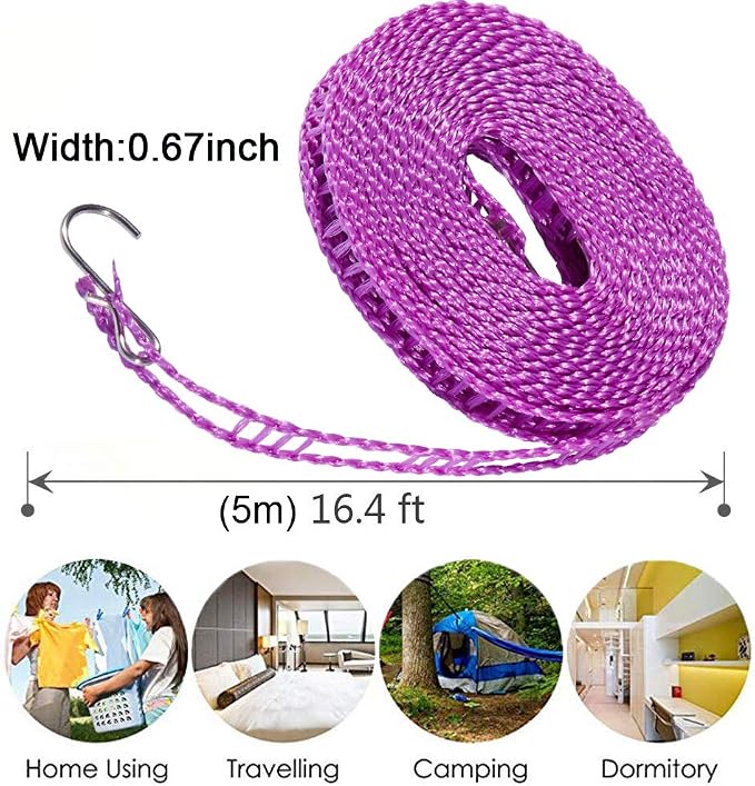 2 Pack Clotheslines 1.64ft Length Camping 5m Clothesline White Purple Drying - Image 2