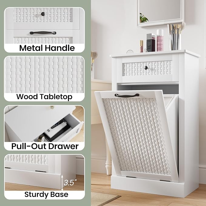 Tilt Out Laundry Hamper Cabinet, Rattan-Style Laundry Room Organization - Image 6
