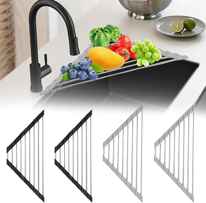 4Pcs Triangle Dish Drying Rack for Sink Corner Stainless Steel Roll-Up Dish by Unknown