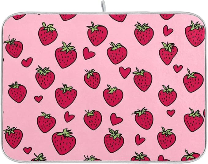 Sweet Cute Strawberry Hearts Floral 16 x 18 Inches Absorbent Dish Drying Mat by Unknown