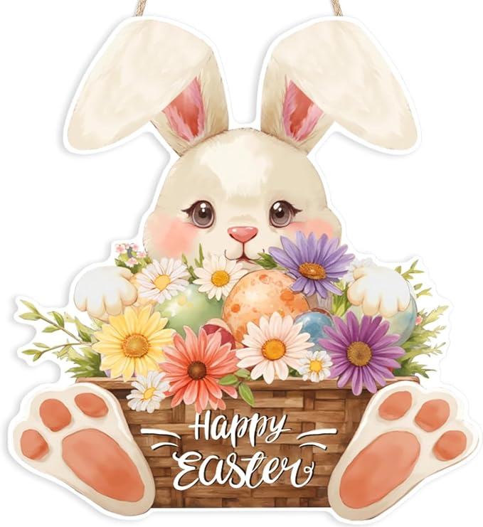 Ausril Easter Wood Sign, Happy Easter Door Decor, Bunny Egg Hanging Wall Sign by Ausril