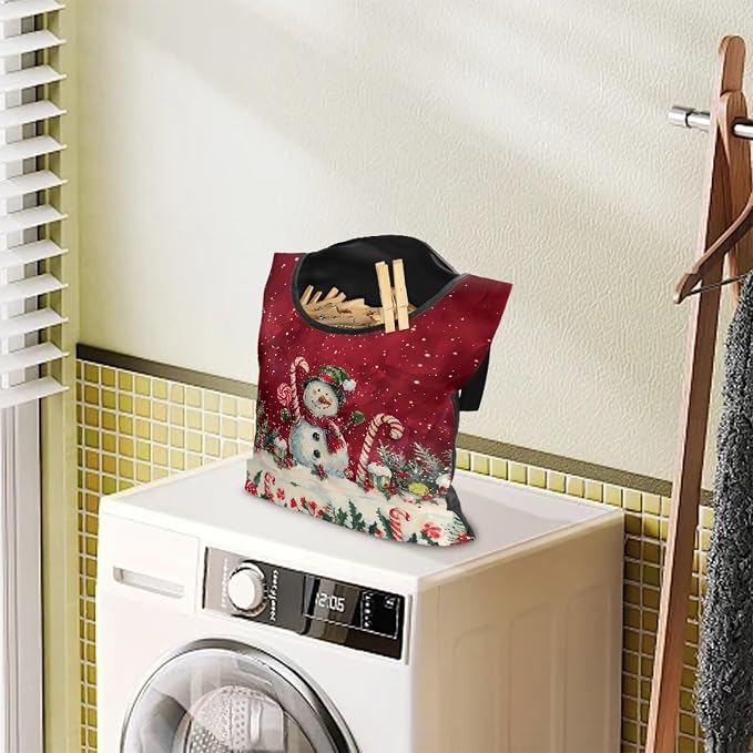 Snowman Candy Cane Clothespin Bag Reusable Laundry Clothes Pin Holder - Image 2
