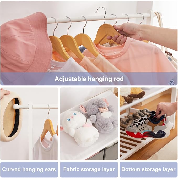 Kids Clothing Rack Bamboo with 2 Storage Baskets and 2 Adjustable Hanging Rods - Image 5