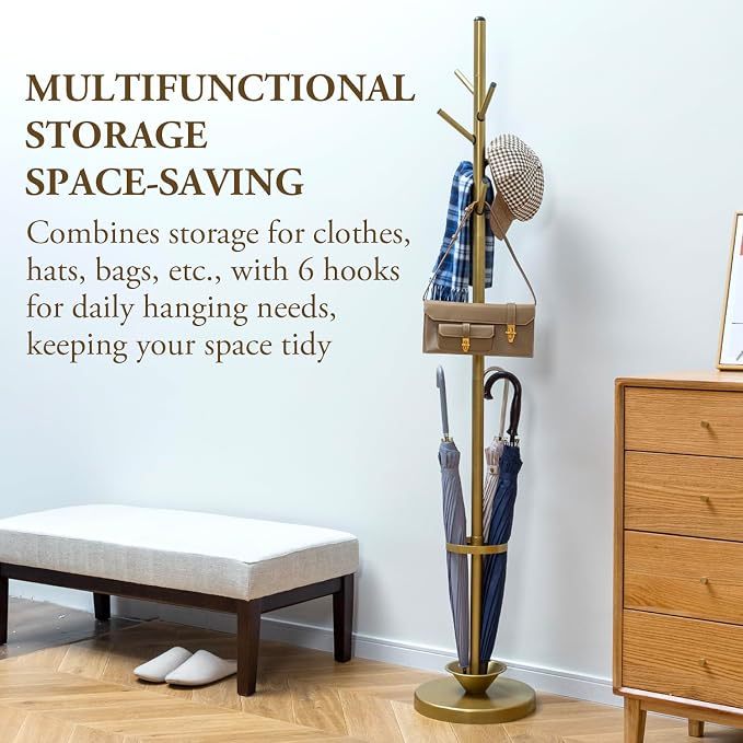 MyGift Freestanding Coat Rack, Modern Brass Tone Metal Hat Organizer Tree and - Image 2