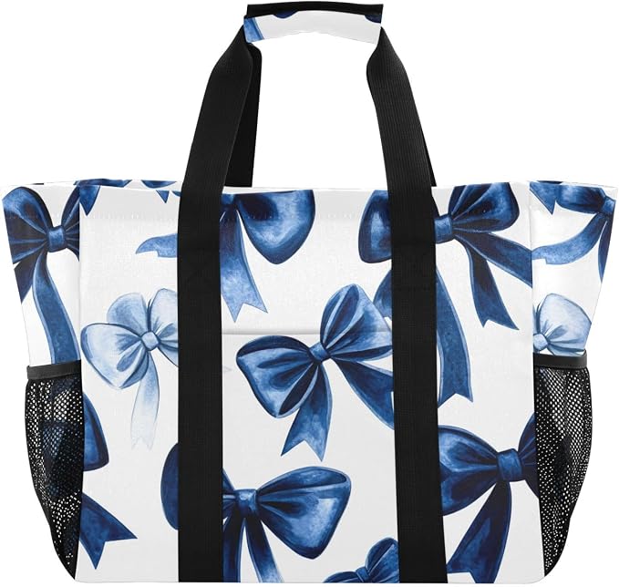 Navy Blue Velvet Bows Reusable Grocery Bags, Polyester Extra Large Foldable by Unknown
