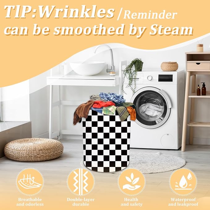 Black and White Checkered Laundry Basket, Checkerboard Laundry Hamper Foldable - Image 5