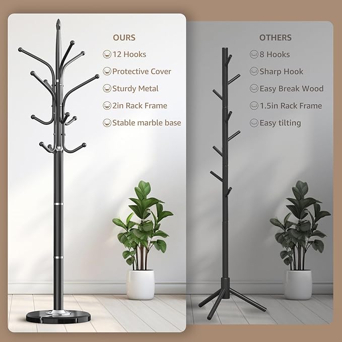 Heavy Duty Coat Rack with Marble Base, Freestanding Hall Coat Tree with 12 - Image 3