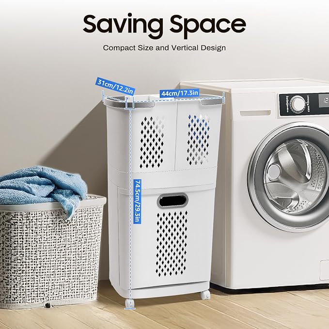 2-Tier Rolling Laundry Basket Movable Plastic Collapsible Laundry Basket Cart - Image 7