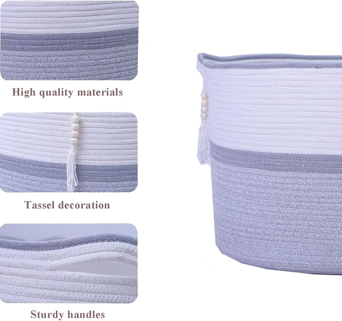 Large Woven Rope Laundry Hamper, Cotton Rope Storage Basket - Image 4