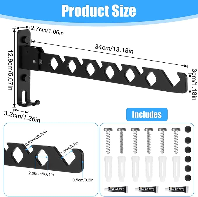 3 Pack Black Wall Mount Coat Hanger Holder, Retractable Folding Clothes Hanging - Image 4