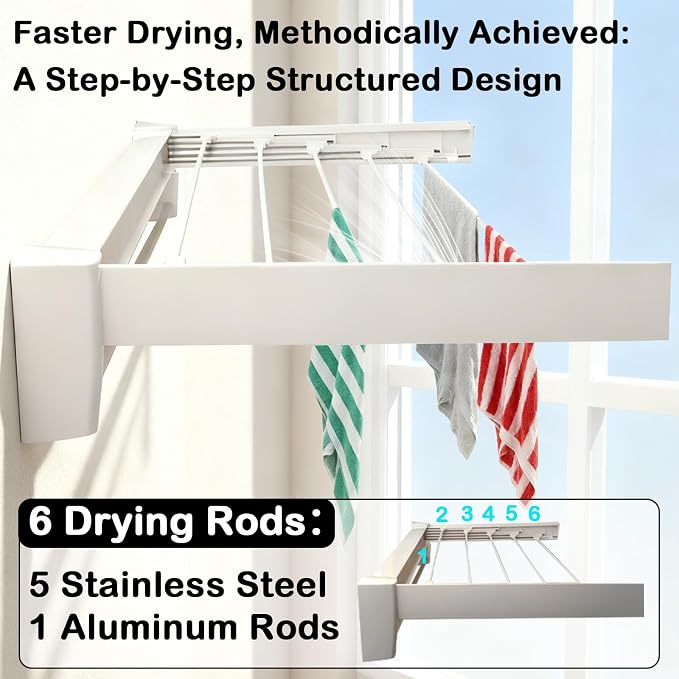 Wall Mounted Clothes Drying Rack 27 inches, Foldbale Laundry Drying Rack 6 Rods - Image 3
