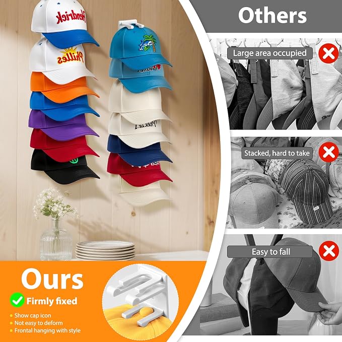 2 Pack Hat Organizer for Baseball Caps, Hat Rack for Wall Hold Up to 16 Hats - Image 4
