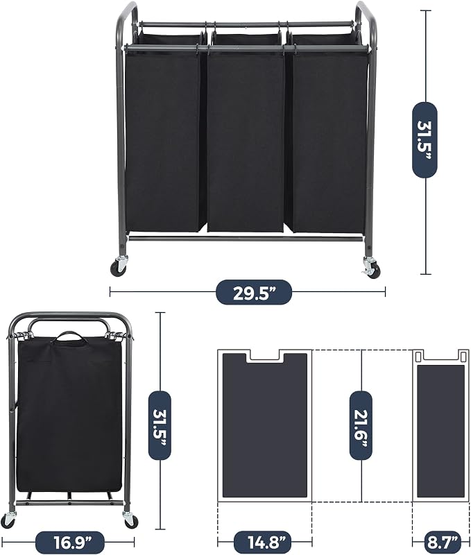 STO STO Laundry Sorter 3 Section, 3 Bag Clothes Hamper, Rolling Laundry Cart - Image 6
