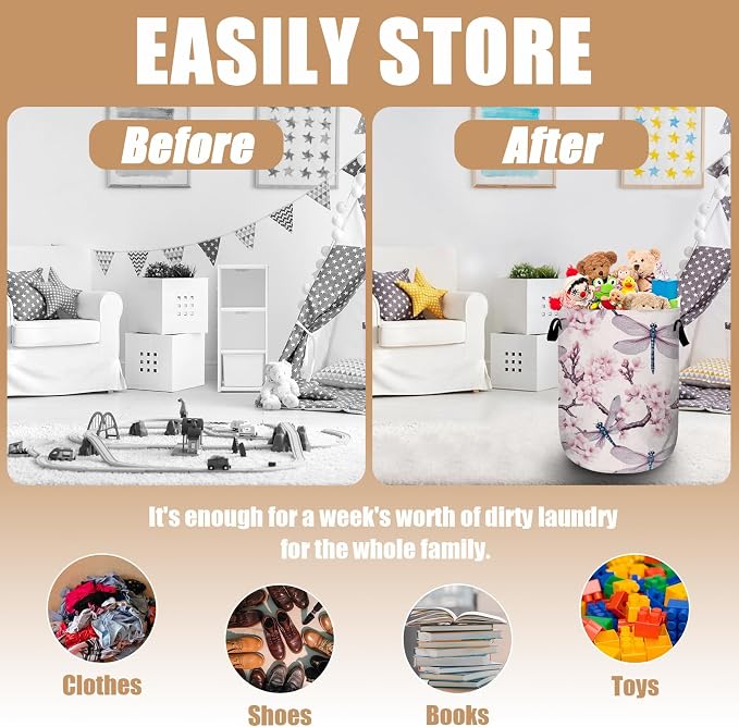 Dragonfly Laundry Basket, Foldable Cherry Blossom Laundry Hamper Tote Bag Dirty - Image 3