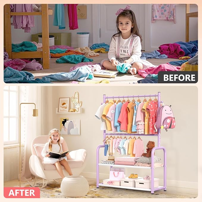 Kids Clothes Rack with 2 Tier Storage Racks and 2 Adjustable Hanging Poles - Image 6