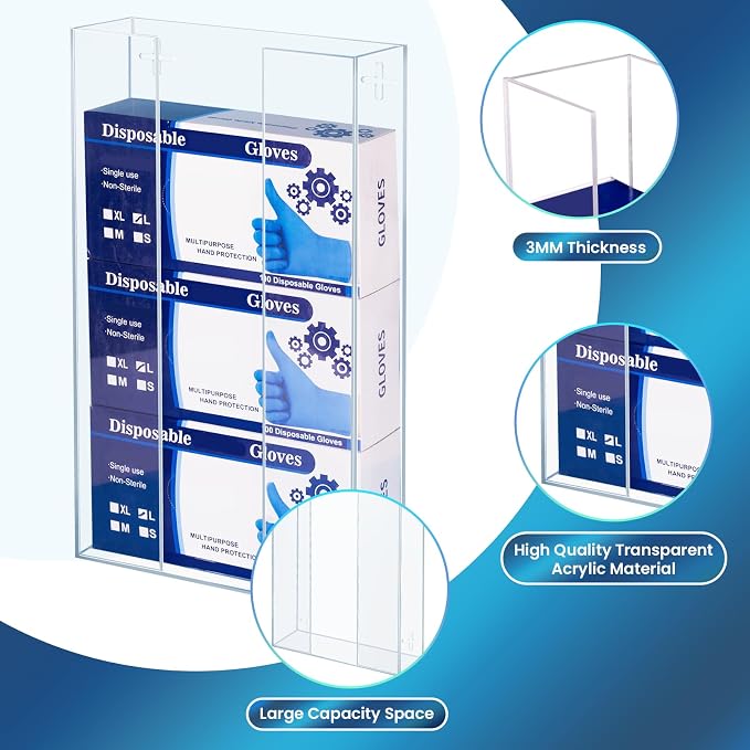 Acrylic Gloves Box Dispenser Holder Wall-Mounted, 3 Box Capacity, Glove and - Image 2