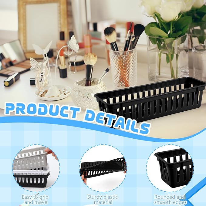 12 Pcs Black Slim Plastic Storage Baskets Tray 10 x 3 x 2.5 Inch Compact - Image 3