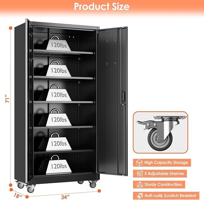 Garage Storage Cabinet with Wheels & Pegboard, Lockable Metal Storage Cabinet - Image 3