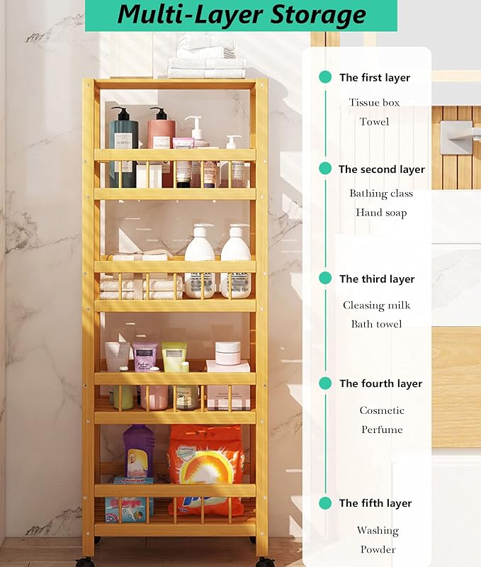 Slim Bamboo Storage Cart Removable Organizer Trolley Slide Out Rolling Pantry - Image 6