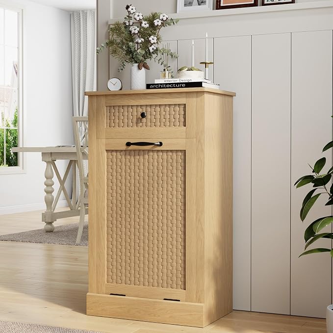 Tilt Out Laundry Hamper Cabinet, Rattan-Style Laundry Room Organization - Image 3