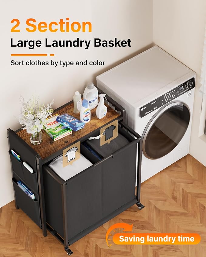 Laundry Hamper Sorter 2 Section 103L: Rolling Laundry Basket Organizer - Image 2