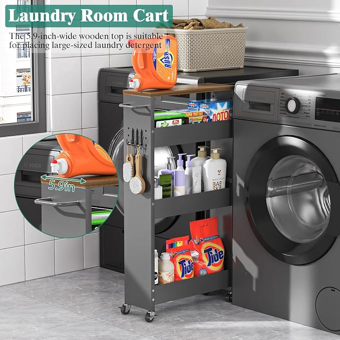 Slim Storage Cart, 4-Tier Kitchen Rolling Cart Narrow Storage Cabinet - Image 4