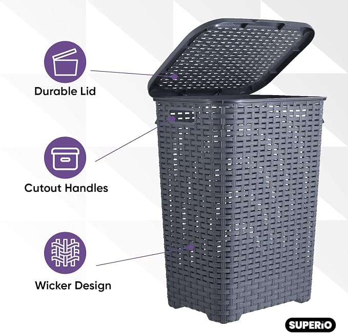 Plastic Laundry Hamper with Lid 2 Pack Laundry Hamper Basket, Wicker Design 60 - Image 3
