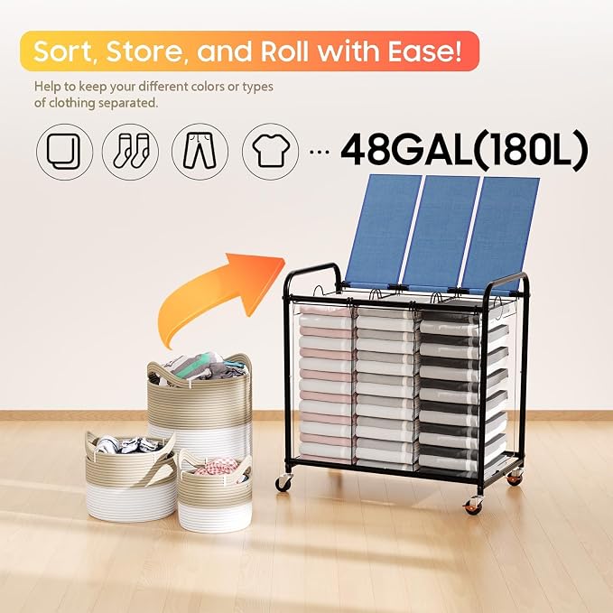 180L Laundry Sorter 3 Section, Rolling Laundry Basket - Image 6