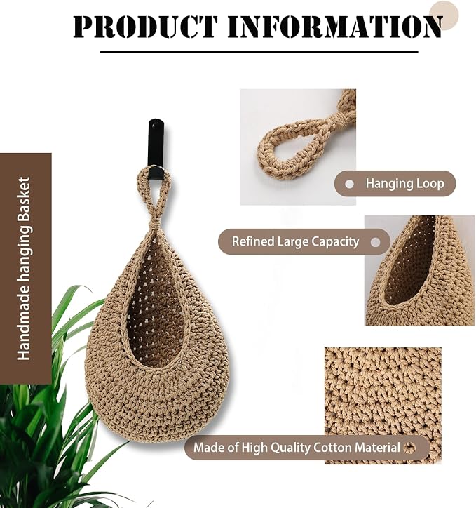 Hanging Fruit Basket Set of 3, Boho Wall Hanging Storage Jute Basket - Image 3
