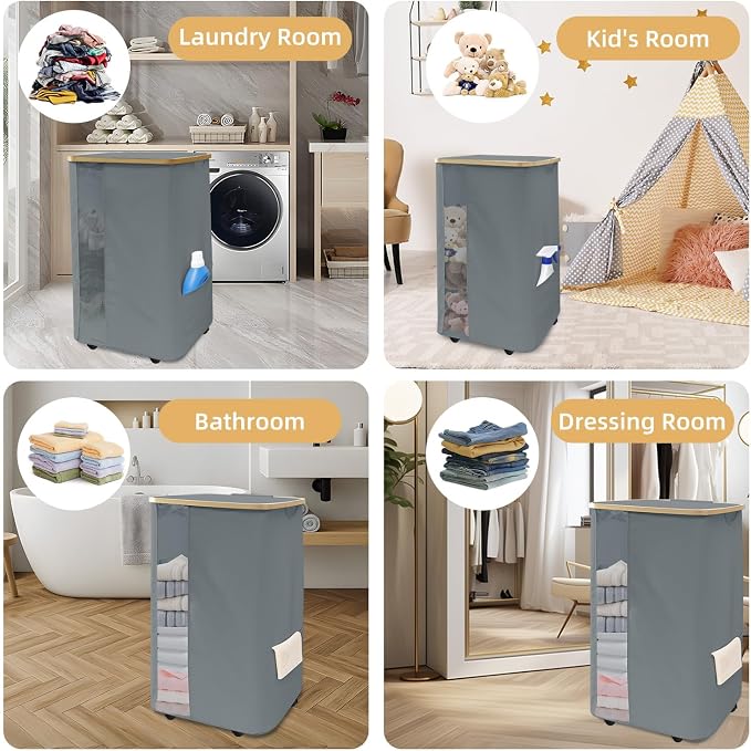 Rolling Laundry Hamper with Lid & Wheels, 110L Slim Double Grey Laundry Hamper - Image 7