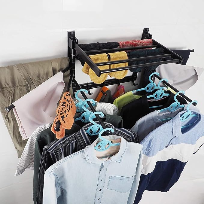 Wall Mounted Laundry Rack with Swivel Arms Hooks and Space Aluminum Design - Image 5