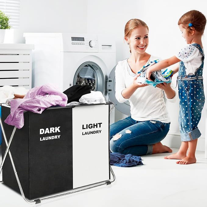 Laundry Cloth Hamper Sorter Basket Bin Foldable 2 Sections - Image 6