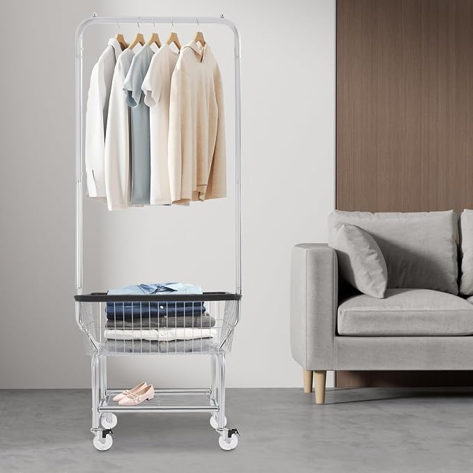 Laundry Cart with Clothes Rack Laundry Basket with Hanging Rack Cart with Extra - Image 2