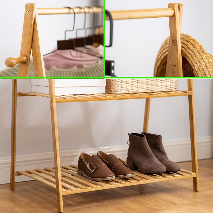 Bamboo Clothing Rack with Top Hanging Garment Rod, 2 Side Hooks & Bottom 2-Tier - Image 5