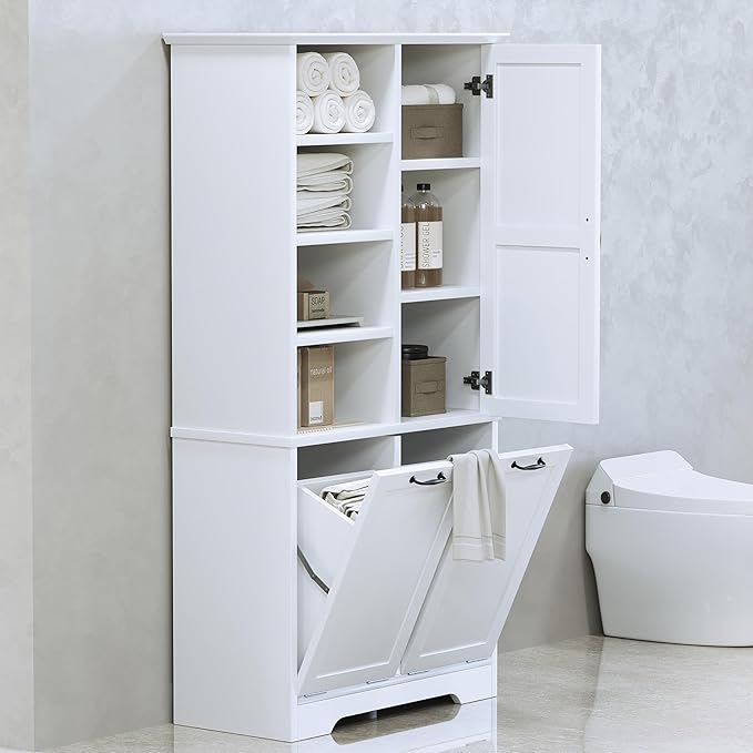 Merax Cabinet with Tilt-Out Laundry Hamper Basket, Tall Bathroom Storage - Image 4