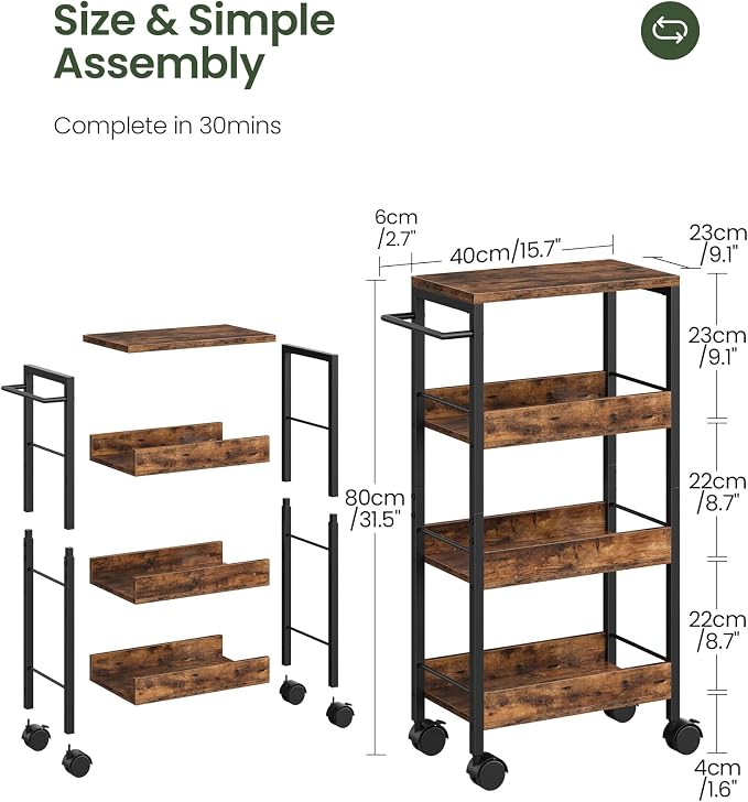 4-Tier Slim Storage Cart, 9.1'' Kitchen Serving Trolley, Slim Rolling Cart - Image 5