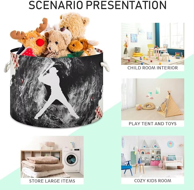 Baseball Print Round Storage Basket Sport Ball Large Laundry Hamper Baseball - Image 3