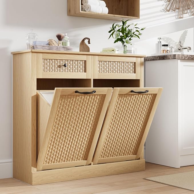 Double Tilt Out Laundry Hamper Cabinet, Rattan-Style Laundry Room Organization by Unknown