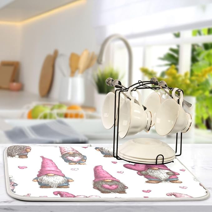 Cute Gnomes with Pink Hats Dish Drying Mat Super Absorbent Drying Mat 16x18 - Image 5