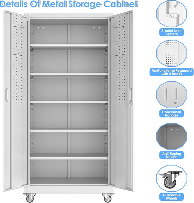 Garage Storage Cabinet with Wheels & Pegboard, Assembly Required - Image 5