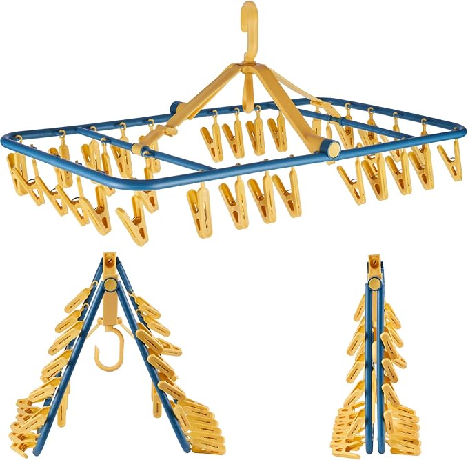 Drip Hanger Foldable Clip Hangers Plastic Wth 32 Drying Clips Wind-Proof Hook by Foshine