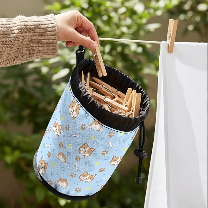Clothespin Storage Bag with Hooks & Drawstring Closure Corgi Pet Paw Space - Image 4