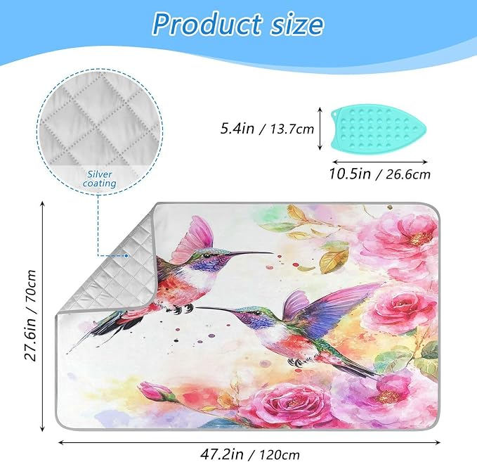 Watercolor Rose Pink Spring Hummingbird White Ironing Mat - Image 2