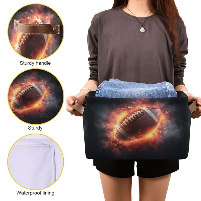 Burning Football Ball Dark Rectangular Storage Bin Basket - Image 7