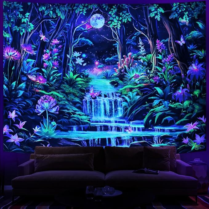 Leofanger Blacklight Fantasy Forest Tapestry Aesthetic Moon Tapestry UV by Leofanger