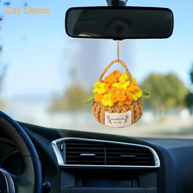 Car Mirror Hanging Accessories, Crochet Plant Decor, Boho Knitted Flower Basket - Image 4