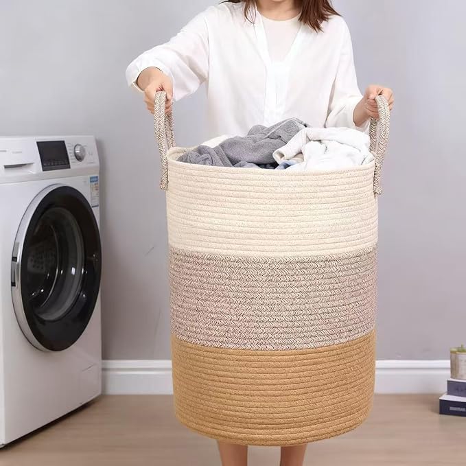 Laundry Basket, Woven Cotton Rope Laundry Hamper, 60L - Image 3