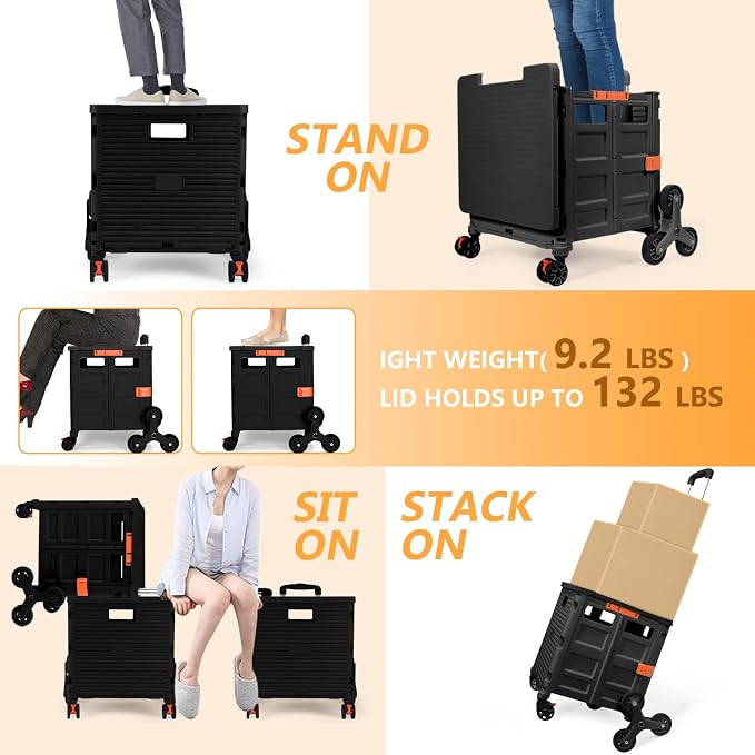 Foldable Utility Cart with Stair Climbing Wheels, Collapsible Rolling Crate - Image 4