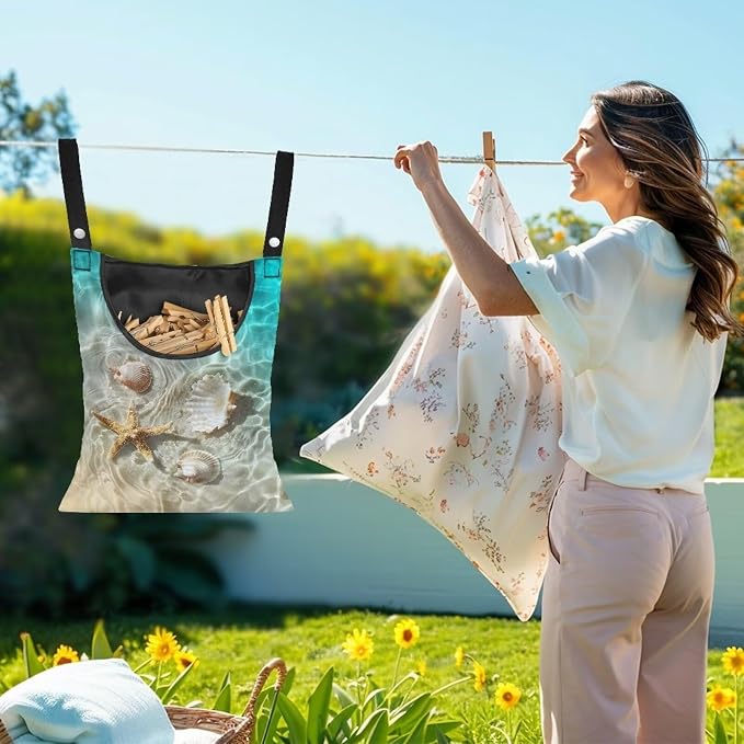 Starfish Shell Print Clothespin Bag Hanging Storage Organizer 14.5 X 12 Inch - Image 2